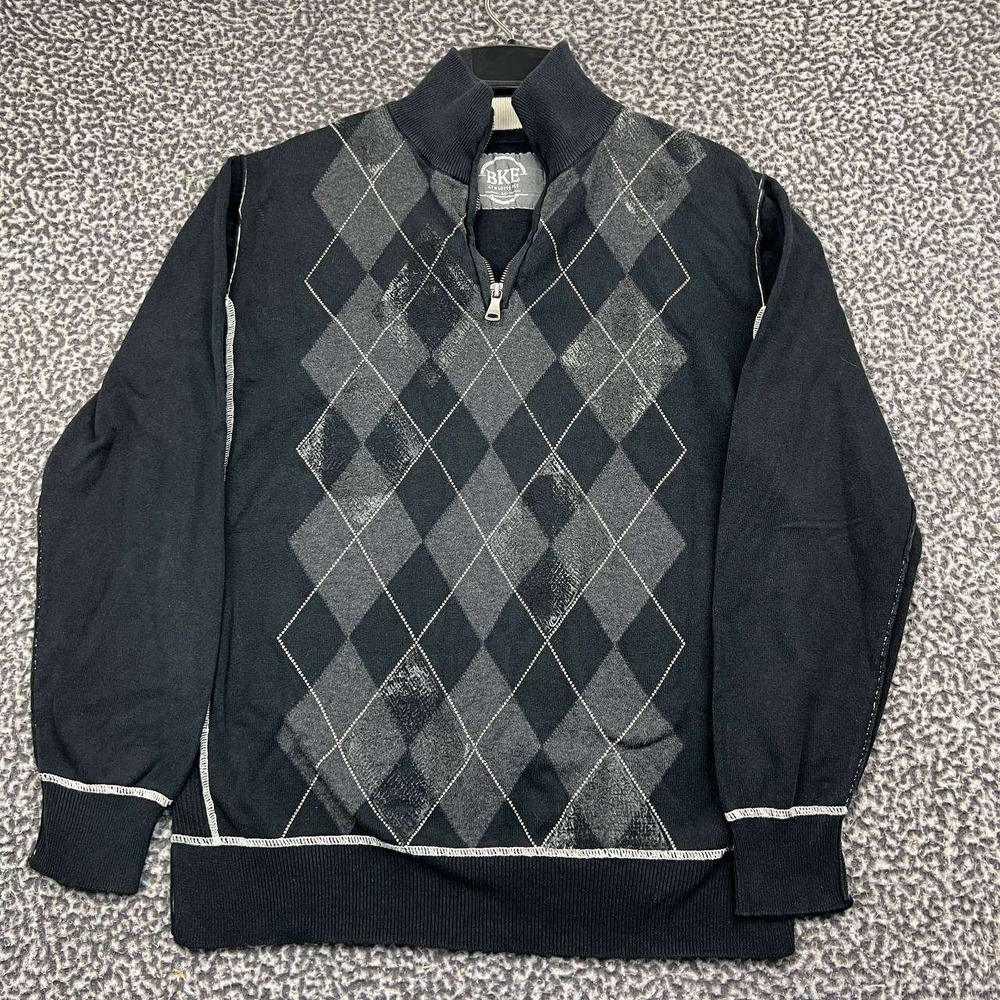 BKE Athletic Fit Sweater Men Medium Argyle Quarter Zip Pullover Black Gray